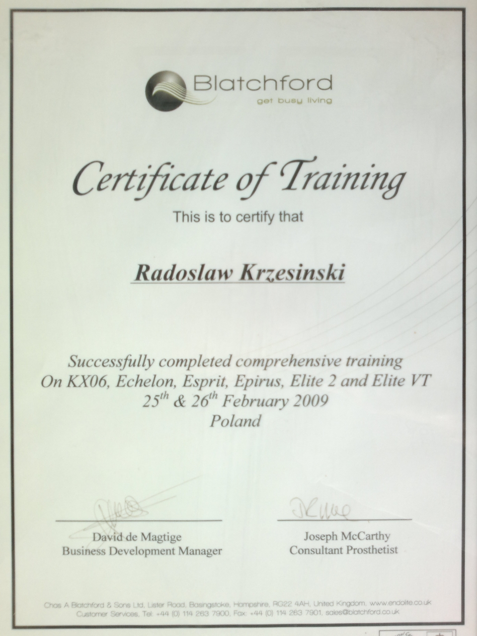 Certyfikat potwierdzający szkolenie Blatchford